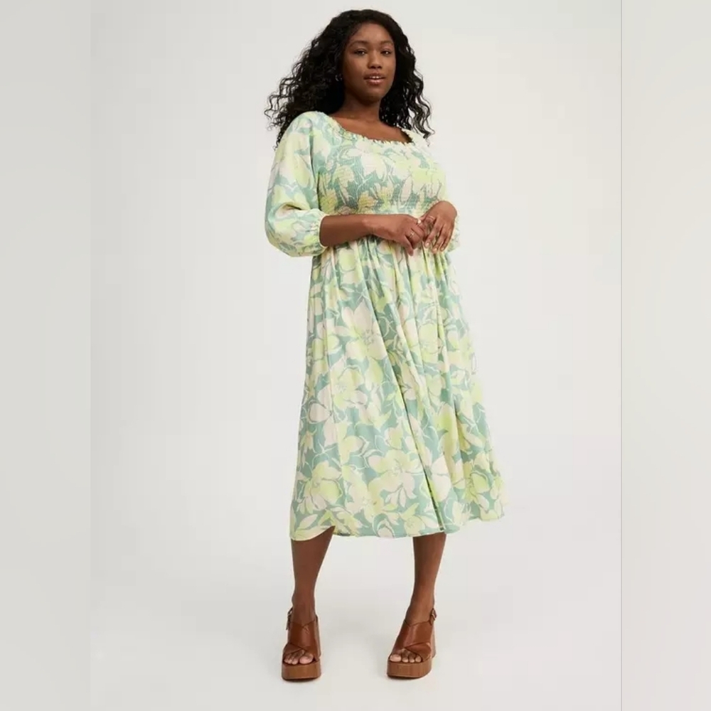 Torrid Tea Length Challis Puff Sleeve Dress Green Floral NWT